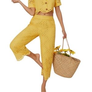 Andie The Suasi Crop Pineapple Yellow Eyelet Wide Leg Women Size M Elastic Waist